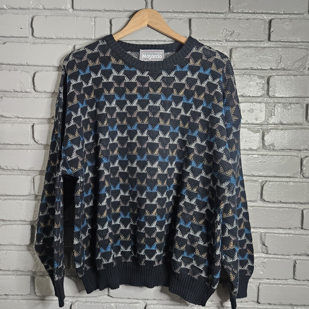 Vintage Masaccio Mens Sweater Large 90s Italian Wool Blend Retro Geometric 90's